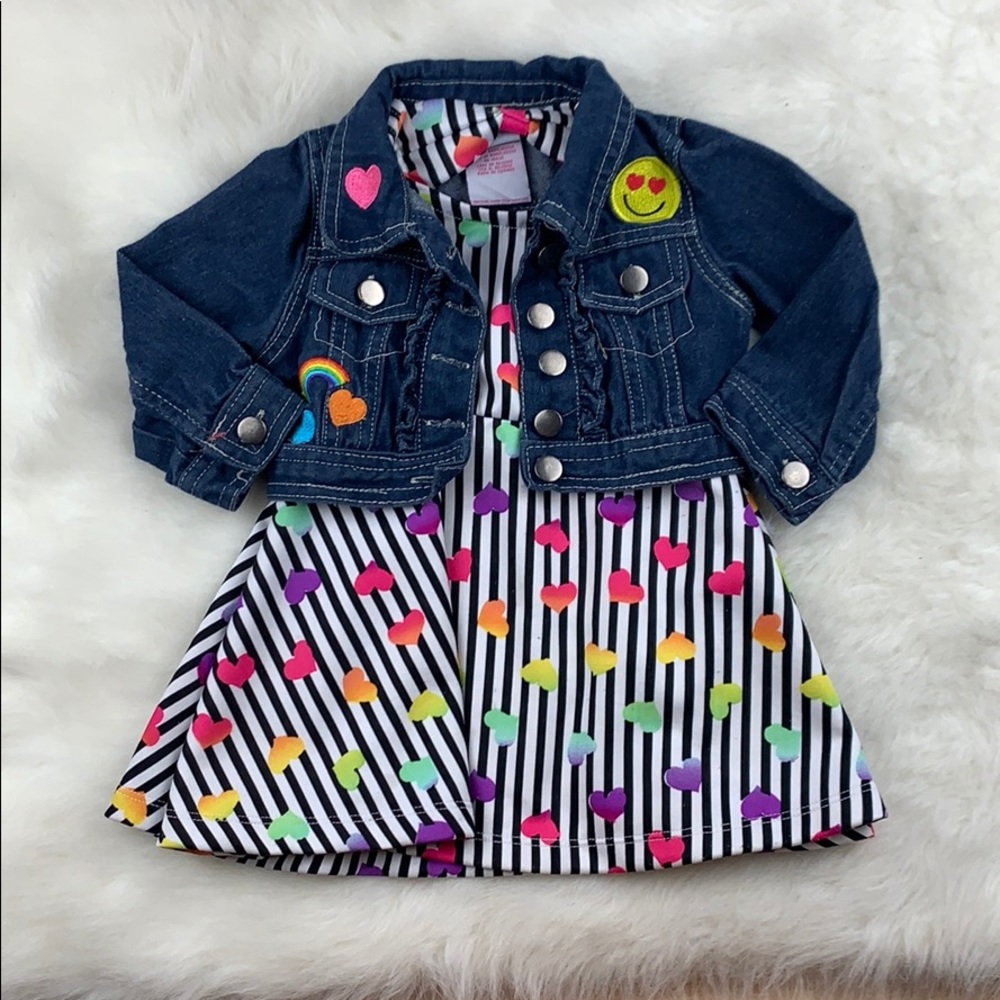 Toddler Girls Rainbow Heart Dress & Denim Jacket